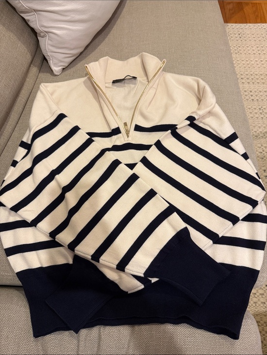 Zara Sweaters - Zara Women’s Cream and Navy Quarter-Zip Stripe Sweater